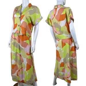 EVERY Womens Size XS Linen Cotton Floral Maxi Skirt Boxy Top Two Piece Set Art